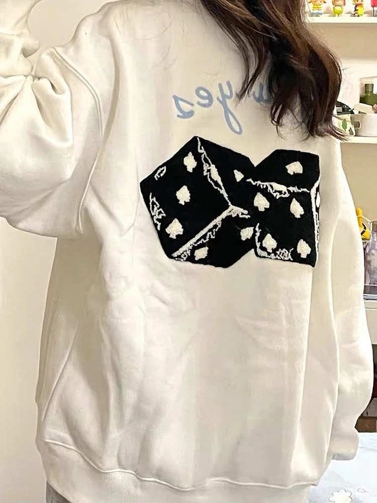 

White hoodless sweatshirt female oversize loose student long sleeve slouchy blouse in autumn and winter thickened with velvet