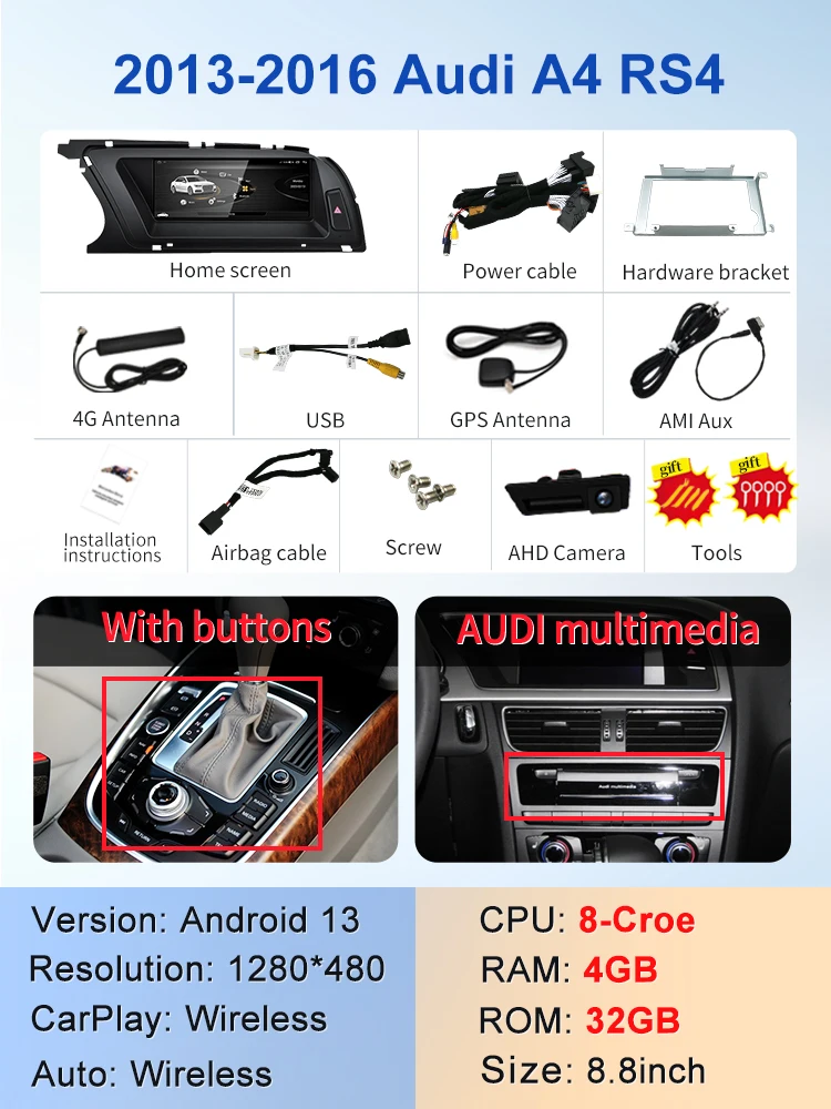 

Заводская цена 8,8-дюймовый HD 8-ядерный Android13 Беспроводной Carplay Auto для AUDI A4 S4 B8 Интеллектуальная система автомобиля Центральная мультимедиа