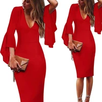 v neck flared sleeves dress sexy half sleeve dresses red black woman dress solid color mid length dress autumn womens clothing
