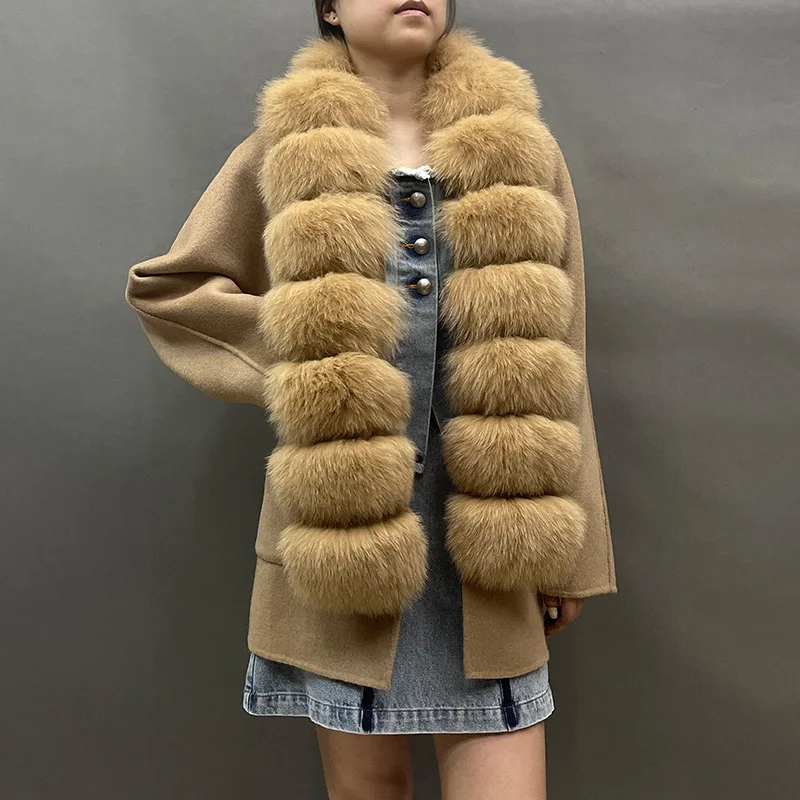 

Winter Real Wool Blazer Fashion Coat with Fox Collar Soft Warm Medium Length Women Coat Pocket Loose Overcoat QN5792