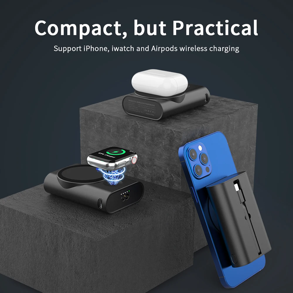 Bonola 3 in 1 Magnetic Wireless Charger Powerbank for Apple Watch 7/SE/6/5 Portable 5200mA  Power Bank for iPhone 12 13/Android