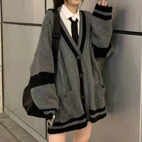 casual long sleeve v neck preppy style knit sweater women autumn single breasted warm cardigan patchwork grey long sweaters coat