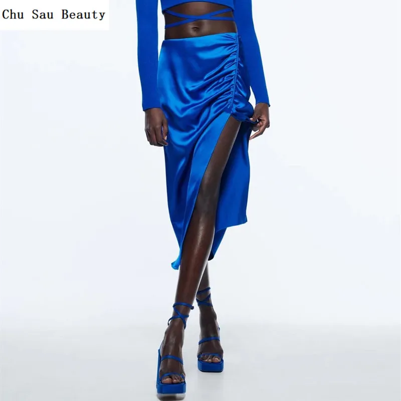

2022 ZA New Women Blue Pleated Silk Satin Textured Skirt Summer Fashion All-Match High Street Front Slit Slim Skirts