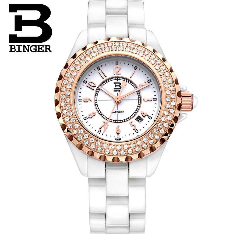 Switzerland Luxury Brand BINGER Space Ceramic Japan MIYOTA Quartz Women's Watches 200M Waterproof Sapphire Diamond Clock B8008