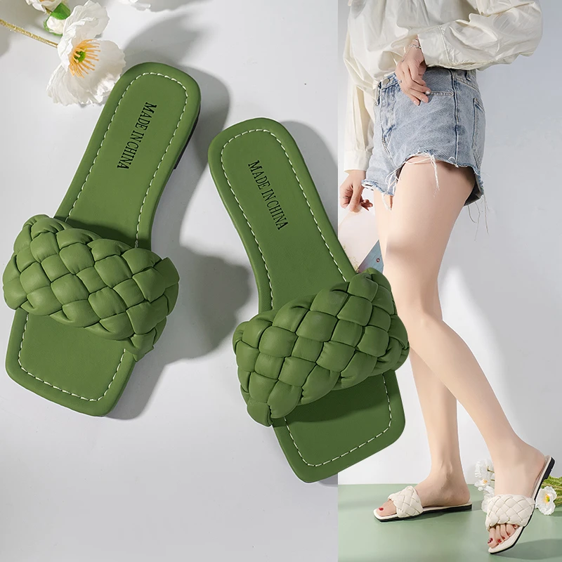 Summer Slippers For Women Weave Flat Beach Slippers Women Flip Flops 2023 New Trend Green Beige Soft Non-Slip Outdoor Shoes