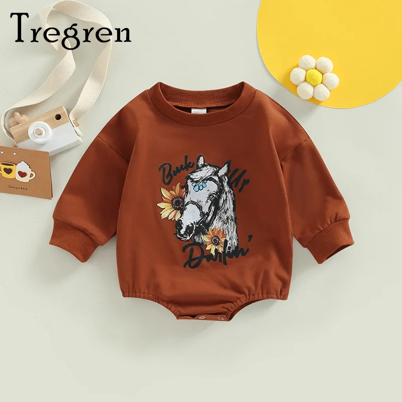 

Детский демисезонный комбинезон Tregren, комбинезон с длинным рукавом, круглым вырезом и цветочным принтом «лошадиная голова», для мальчиков и девочек от 0 до 18 месяцев