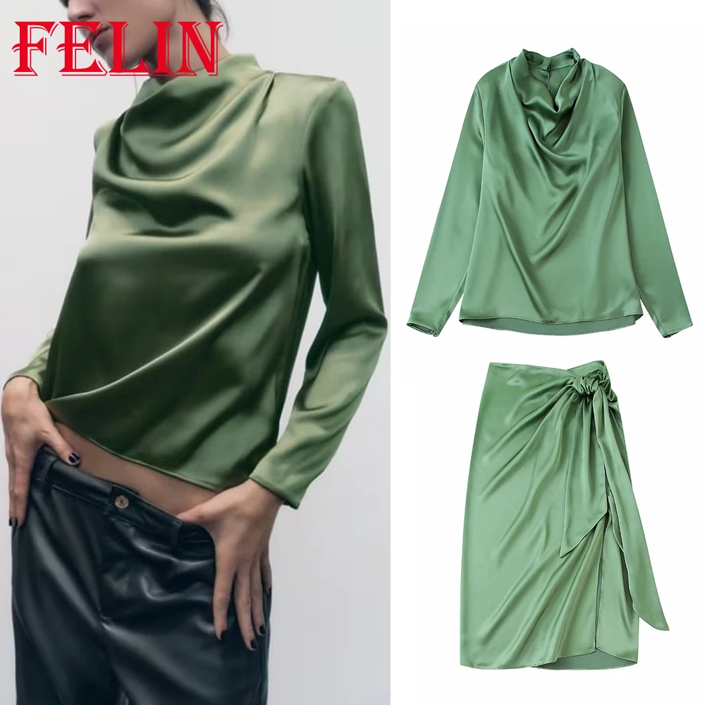 

TRAF 2022 Autumn Vintage Green Silk Satin Women Suit Pile Collar Draped Shirt +Pleated Sheath Midi Skirt Fashion 2 Pieces Sets