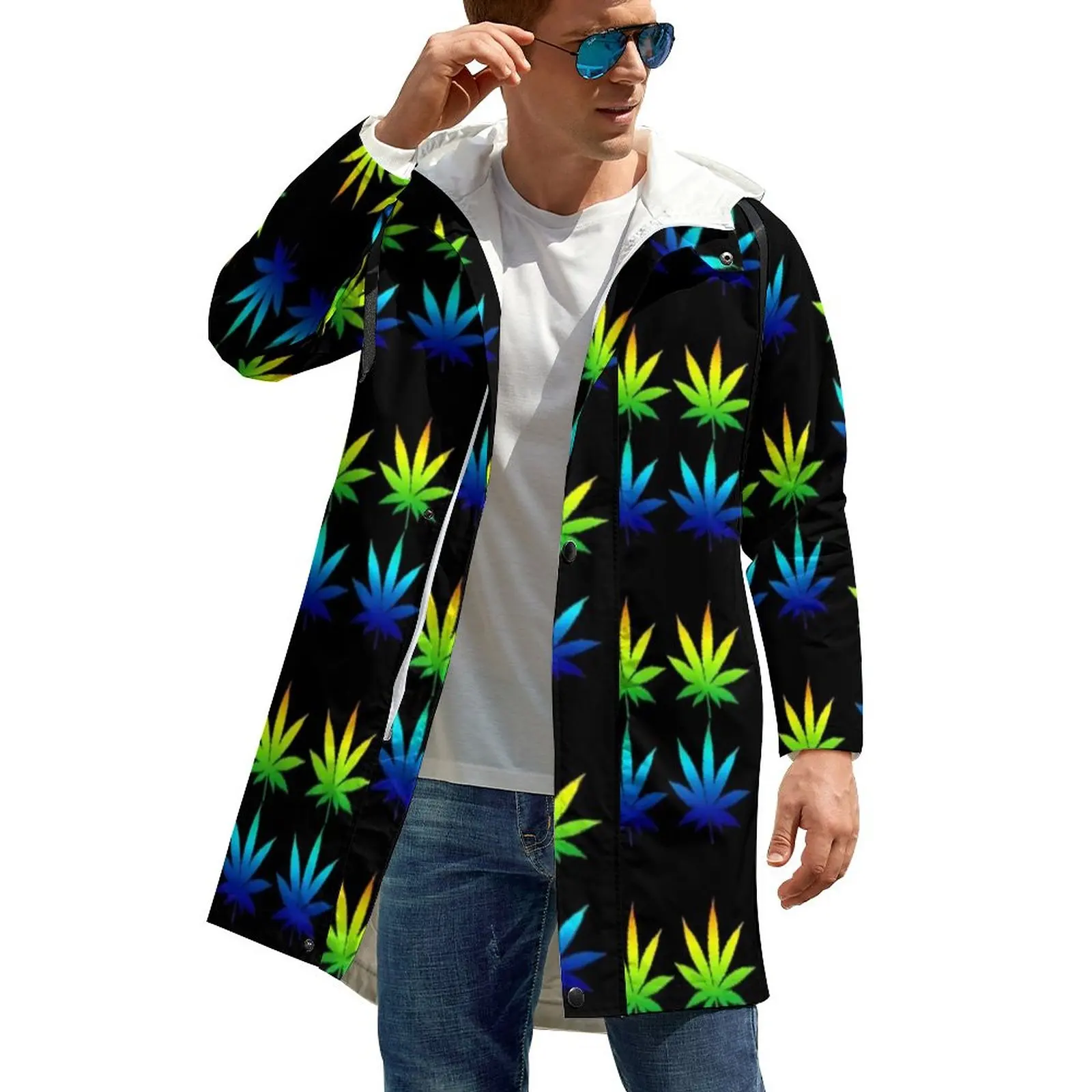 

Rainbow Weed Print Winter Casual Jackets Leaves Design Retro Hooded Trench Coats Men Custom Long Straight Windbreakers Present