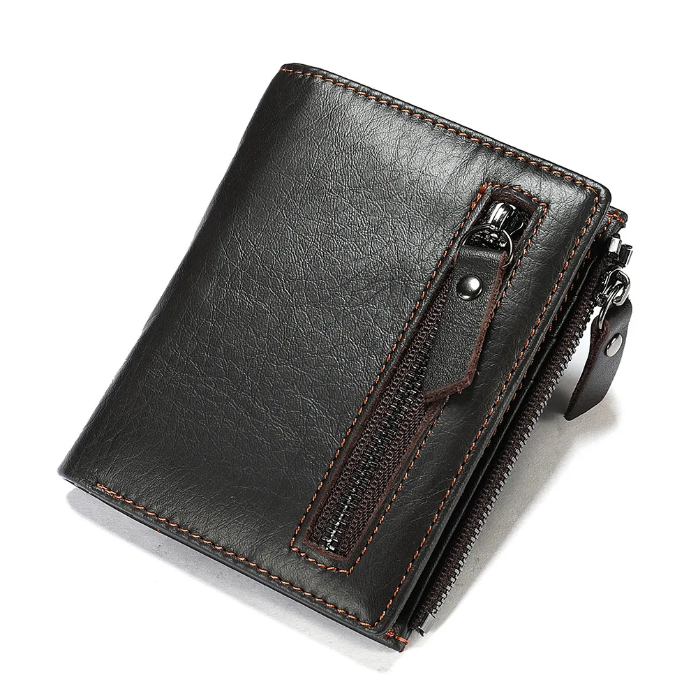 Men's Leather Wallets Men Money Bags Retro Casual Vertical Top Layer Cowhide Dollar Clip Credit Card Holders Zipper Coin Purses