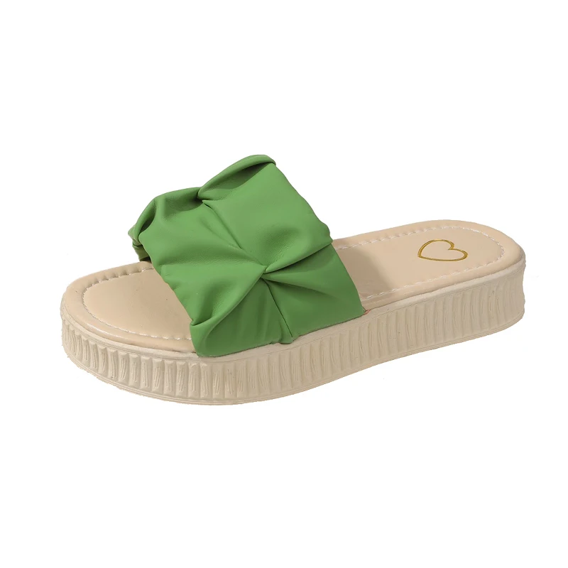 Thick Platform Women Slippers 2023 New Trend Street Summer Slippers For Women Sandals Green Black Pleated Flat Outdoor Shoes