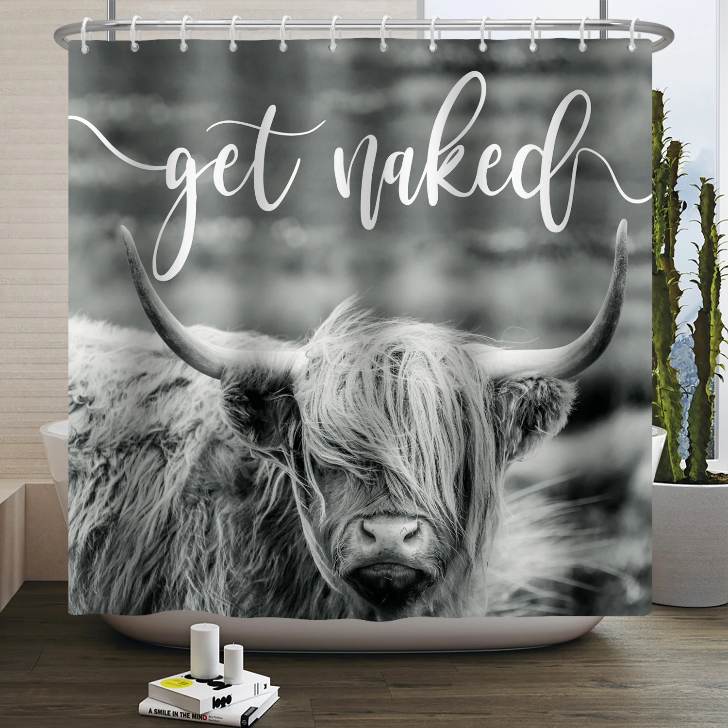Yayla inek duş perdeleri batı yaban hayatı hayvan boğa portre banyo dekor su geçirmez kumaş banyo perde ile Hooks