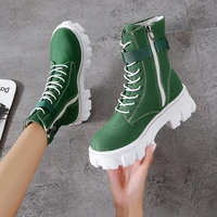 yeddamavis green new autumn womens ankle boots platform chunky heels canvas short motorcycle boots fashion street knight shoes