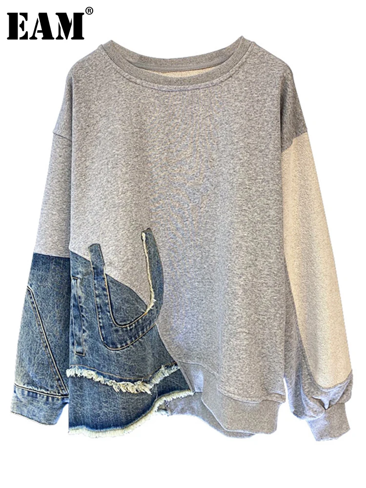 

[EAM] Loose Fit Gray Denim Burr Sweatshirt New Round Neck Long Sleeve Women Big Size Fashion Spring Autumn 2022 1DE4966