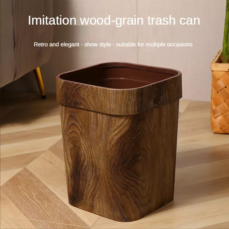 

Large Trash Can Home Office Plastic Wood Grain Creative Living Room Kitchen Bathroom Paper Basket with Pressure Ring Trash Can
