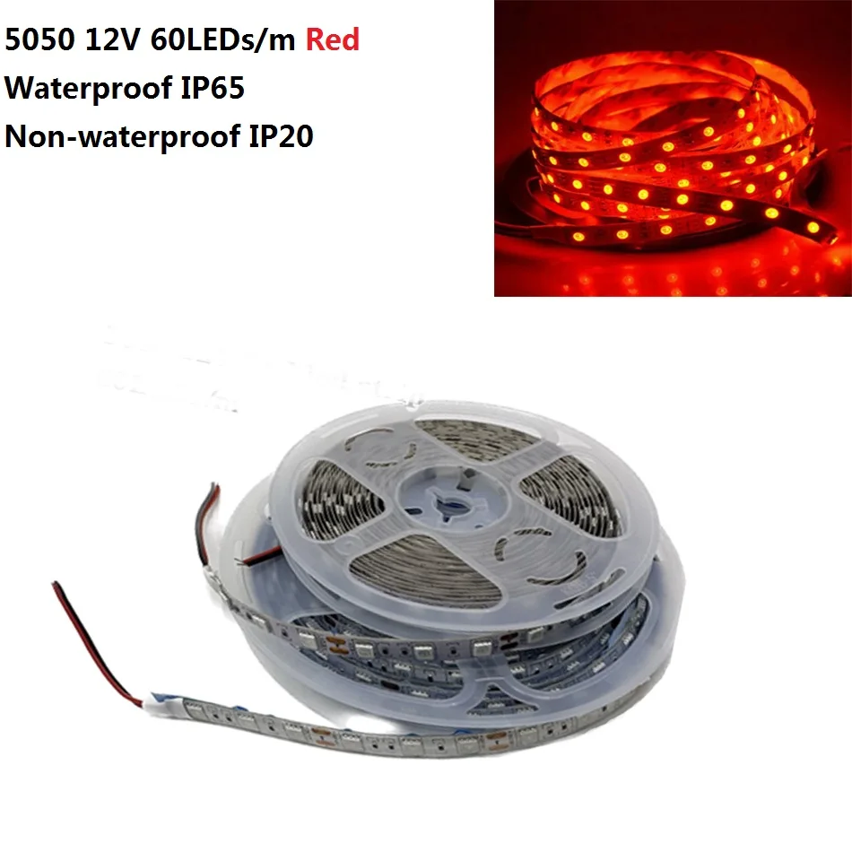 Фото Светодиодная лента DC 12V SMD Chip 5050, красная, 60 светодиодов/м, печатная плата 10 мм, 620 нм, водонепроницаемая и непромокаемая, гибкая, 1-5 м. №1