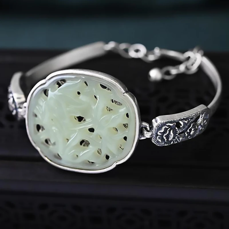 

Silver Inlaid Natural Hetian Jade Hollow Flower Open Bracelet Retro Chinese Style Exquisite Women's Accessories