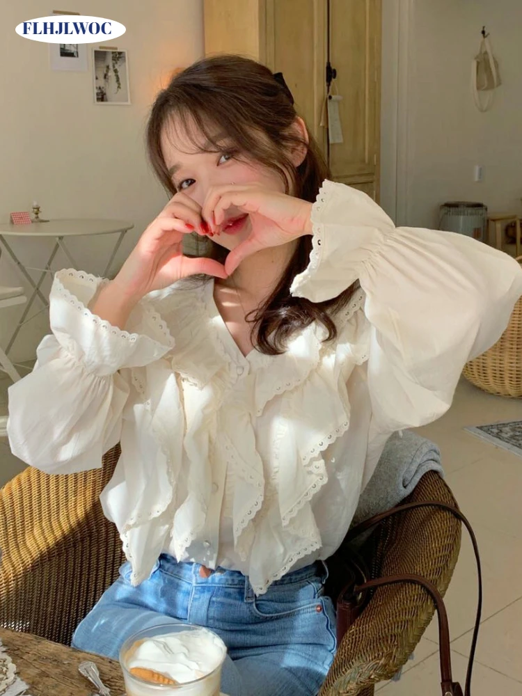 

Cute Ruffles Korea Chic Tops Blusas Hot Sales Fashion Women Japan Girls Flare Sleeve Solid Single Breasted Button Shirts