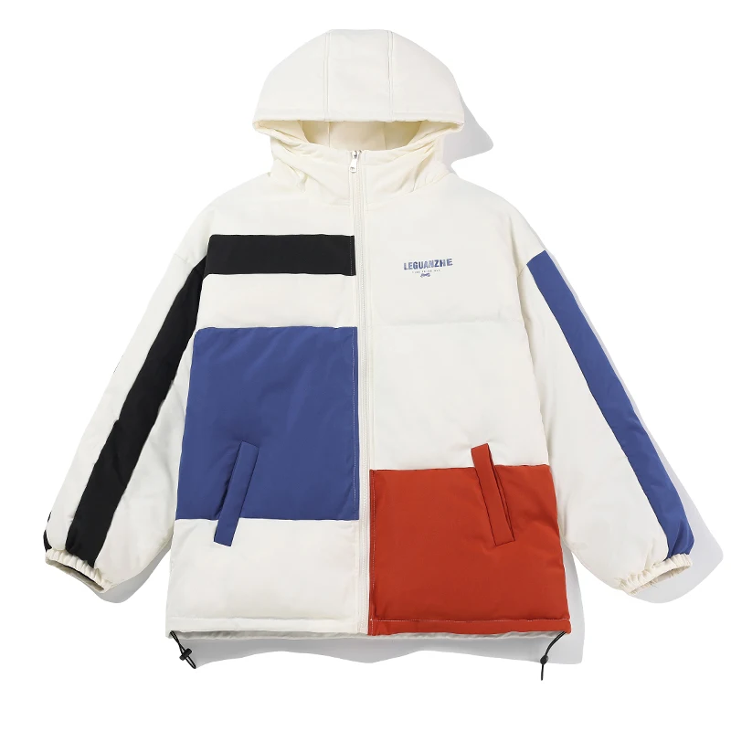 2022 New Winter Mens Hooded Parkas Thicking Casual Loose Warm Coat Korean Patchwork Style Ins Streetwear Cotton Jacket Oversized