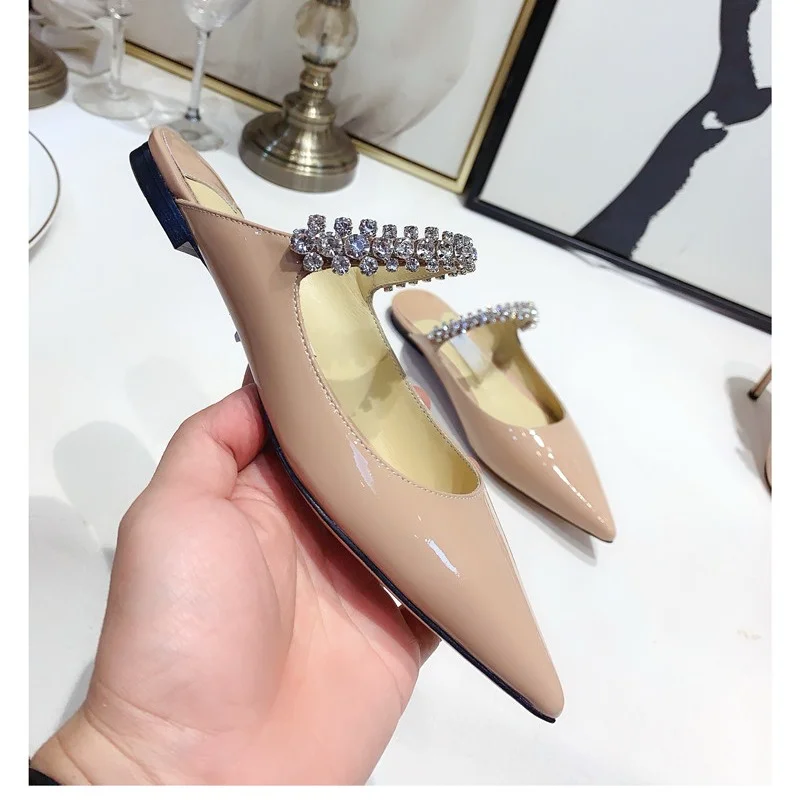 2023 Summer New High Heel Flat Heel Pointed Slim Fit Women's Rhinestone Lacquer Leather Women's Sandals and Slippers