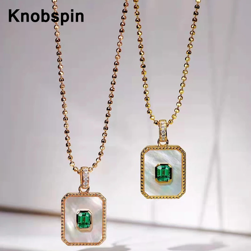 

Knobspin Top Quality S925 Sterling Silver 18K Gold Plated Necklace Emerald Diamond Square Pendant Necklace Femela Party Jewelry