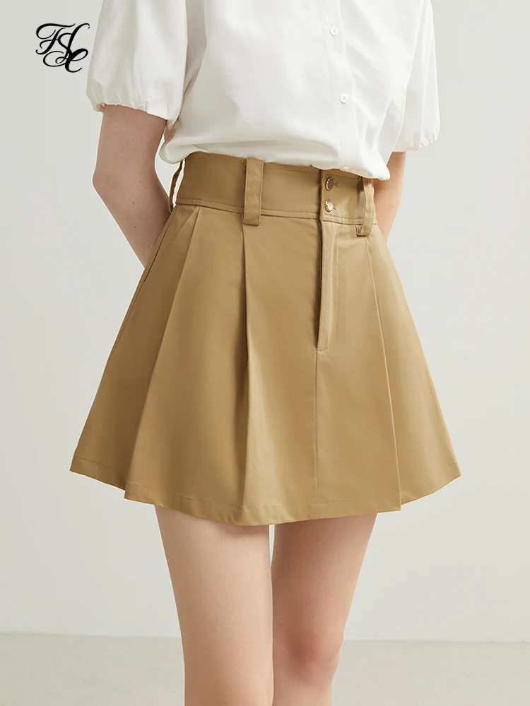

FSLE Casual Style Short A-line Pleated Skirts Women Age-reducing High-waisted Summer Solid Color Thin Commute Female Bottoms