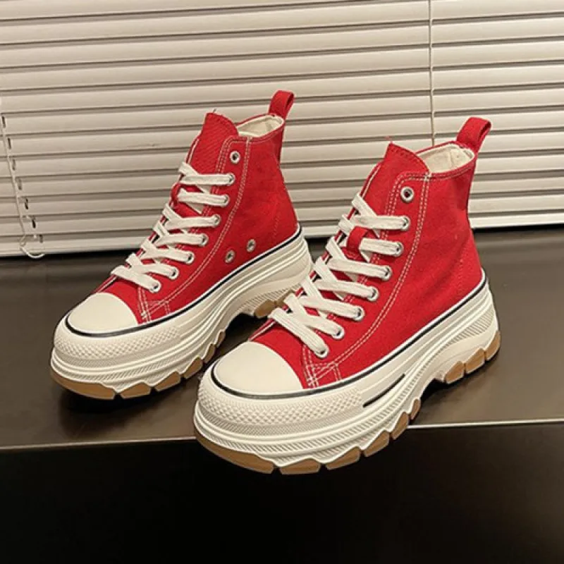 Women Canvas Shoes High Top Vulcanize Shoes Lace Up Casual Sneakers Plarform Height Increasing Girl Shoes Female Ankle Boots