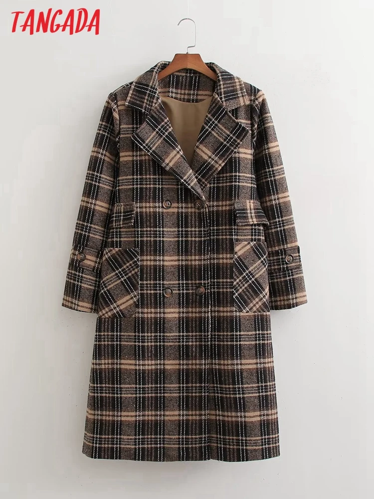 

Женское шерстяное пальто в клетку, с длинным рукавом и карманами