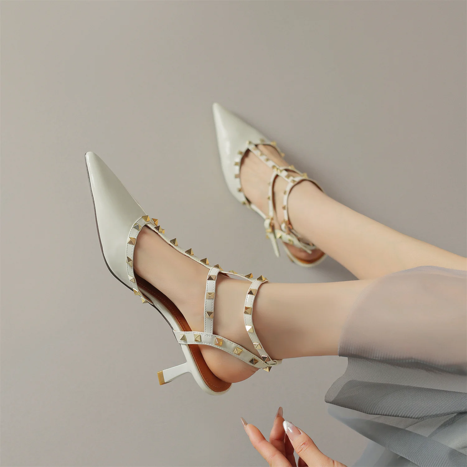 Genuine Leather Rivet Sandals Women 2023 Luxury Cowhide Upper Sheepskin Insole Pointed Toe Ankle Strap High Heel Handmade Shoes