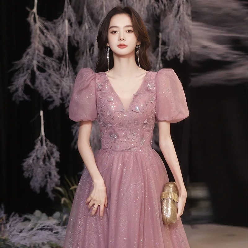 

Elegant French Evening Dress Women 2022 New V-neck Princess Puff Sleeve Tulle Floor-length Birthday Party Dresses