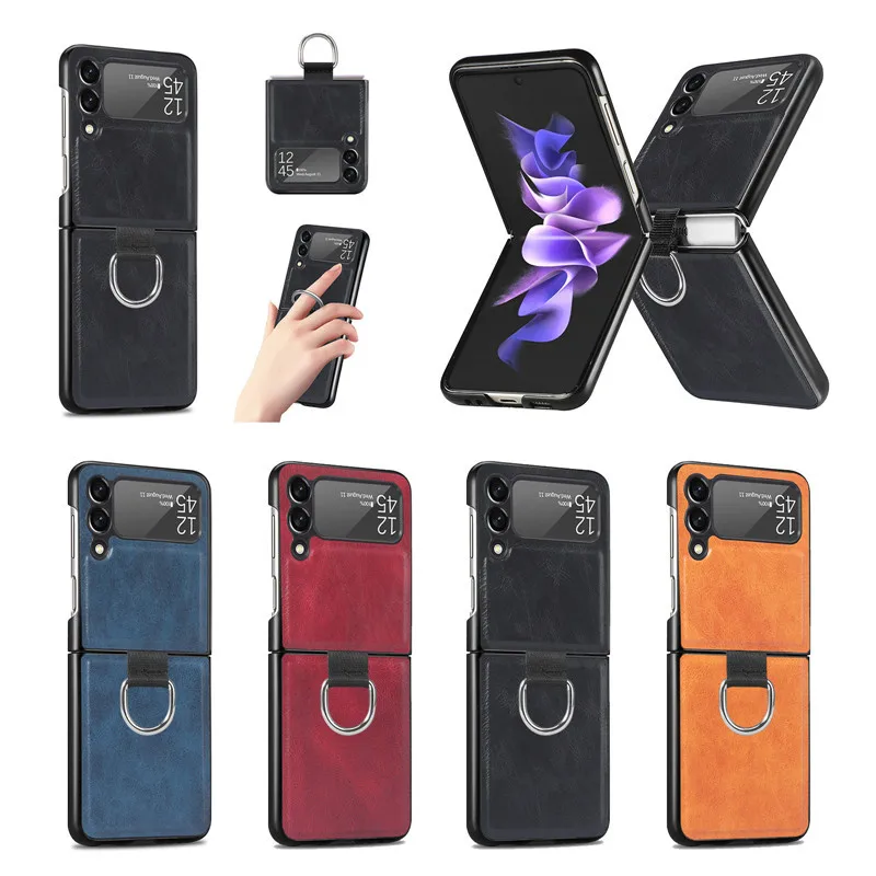 

Business Fashion Ring Case For Samsung Galaxy Z Flip 3 PU leather+PC Phone Protective Cover Coque for Z Flip3 5G f7110