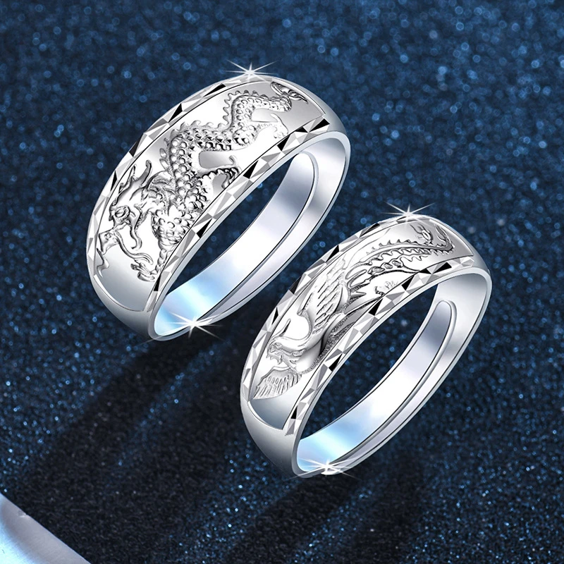 

Silver Color Dragon and Phoenix Totem Couple Ring Glossy Embossed Opening Adjustable Rings for Men and Woman Punk Lover Gifts