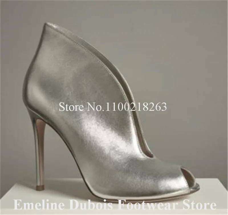 Shallow Short Boots Emeline Dubois Brand Peep Toe Silver V-cut Stiletto Heel Ankle Booties Slip-on High Heels Big Size Heels
