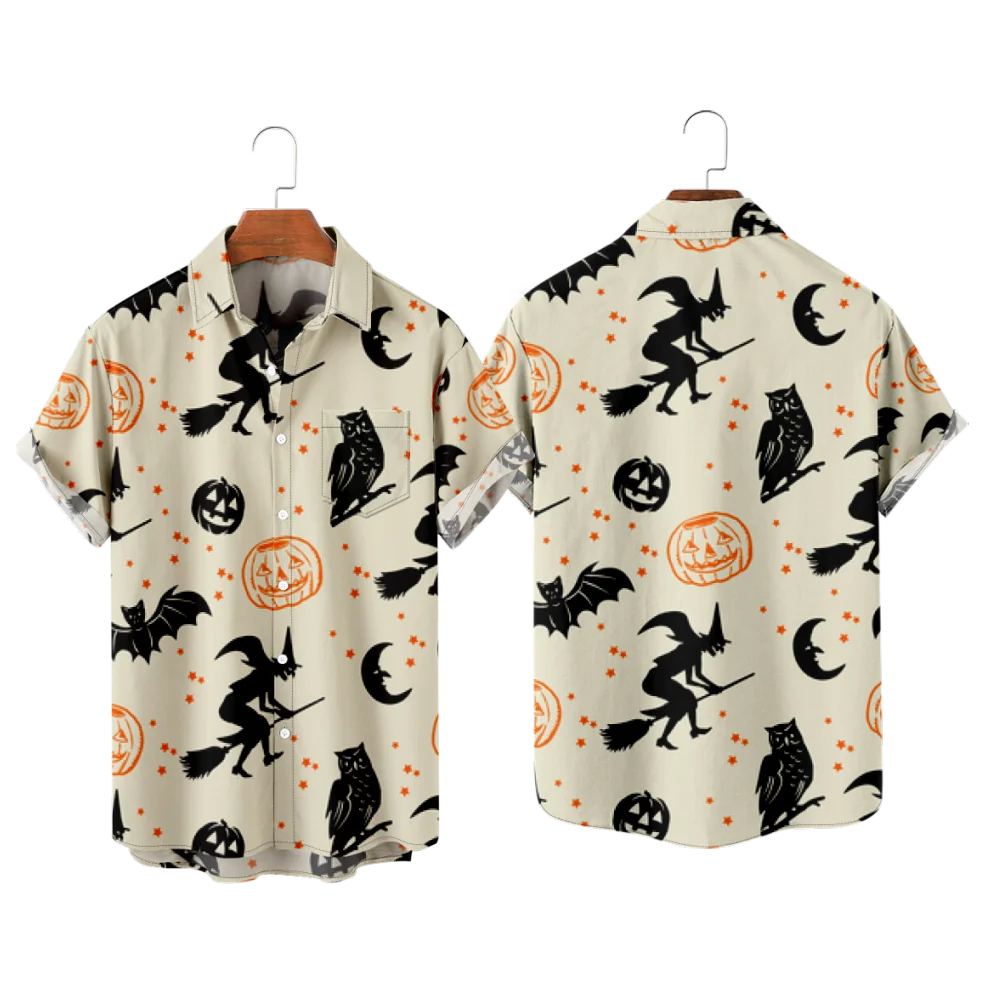 

2022 Halloween Devil Pattern Print Shirt, Fashion Casual Retro Style Hawaiian Beach, Men's Lapel Pocket Shirt Short Sleeve