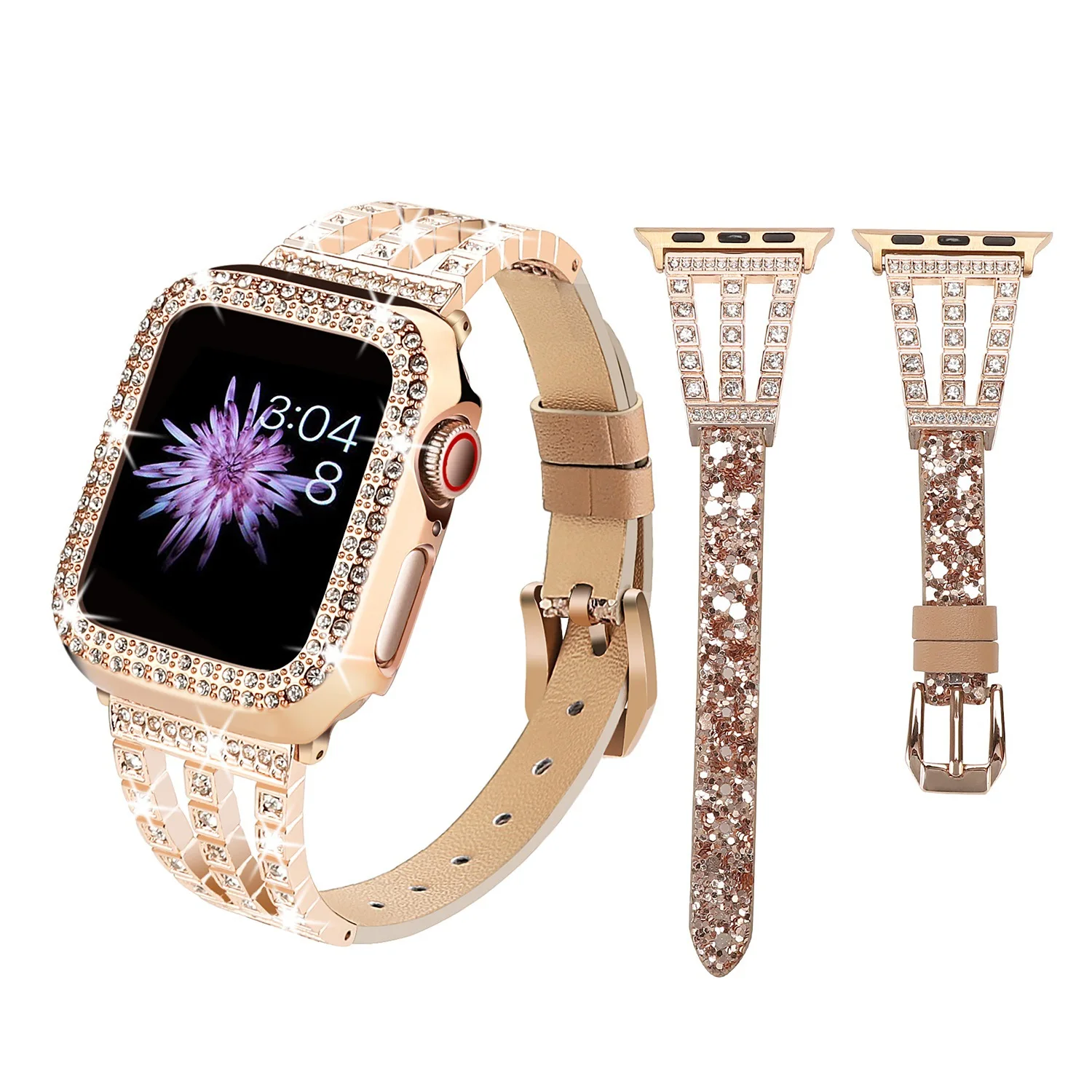 Diamond Case+strap for Apple watch band 45mm 41mm 44mm 42mm 38/40mm Iwatch 7 6 5 4 Accessories Stainless steel+leather bracelet