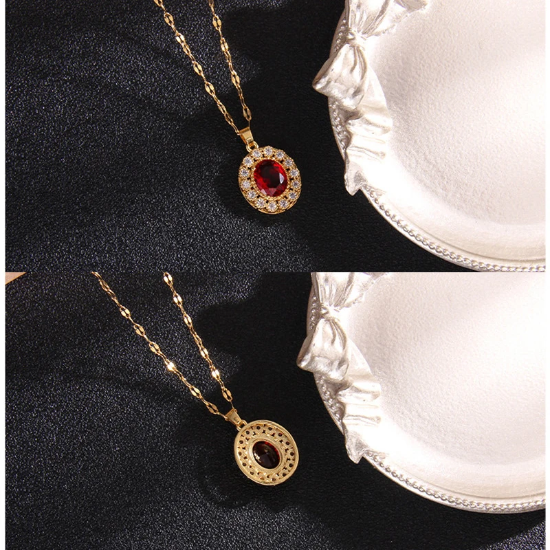 Vintage Red Color Zircon Geometric Pendant Necklace Fashion Round Heart Ellipse Choker Jewelry Party Gifts For Women Girls