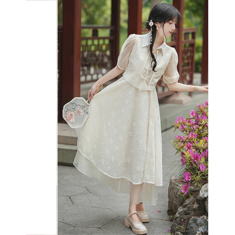 

Chinese Qipao Retro Vintage Cheongsam Elegant Dress For Teenagers Strap Dress And Tops Two Piece Set Summer Ethnic Clothes Party