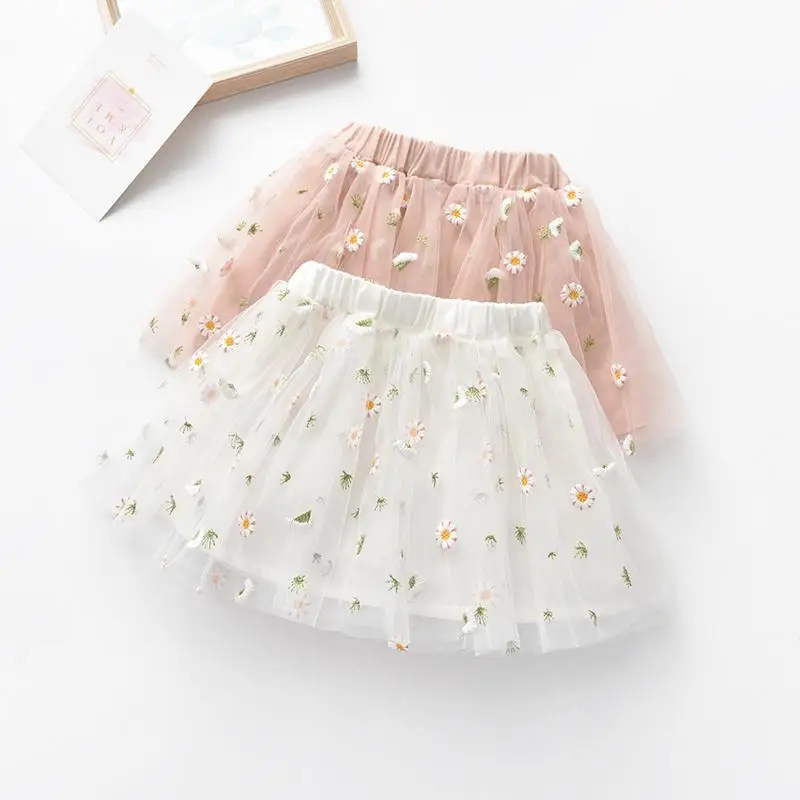 2023 Summer New Flower Embroidery Infant Girls Mesh Tutu Skirt Kids Faldas Soft Gauze Miniskirt for Girls Floral Skirt 1-6T