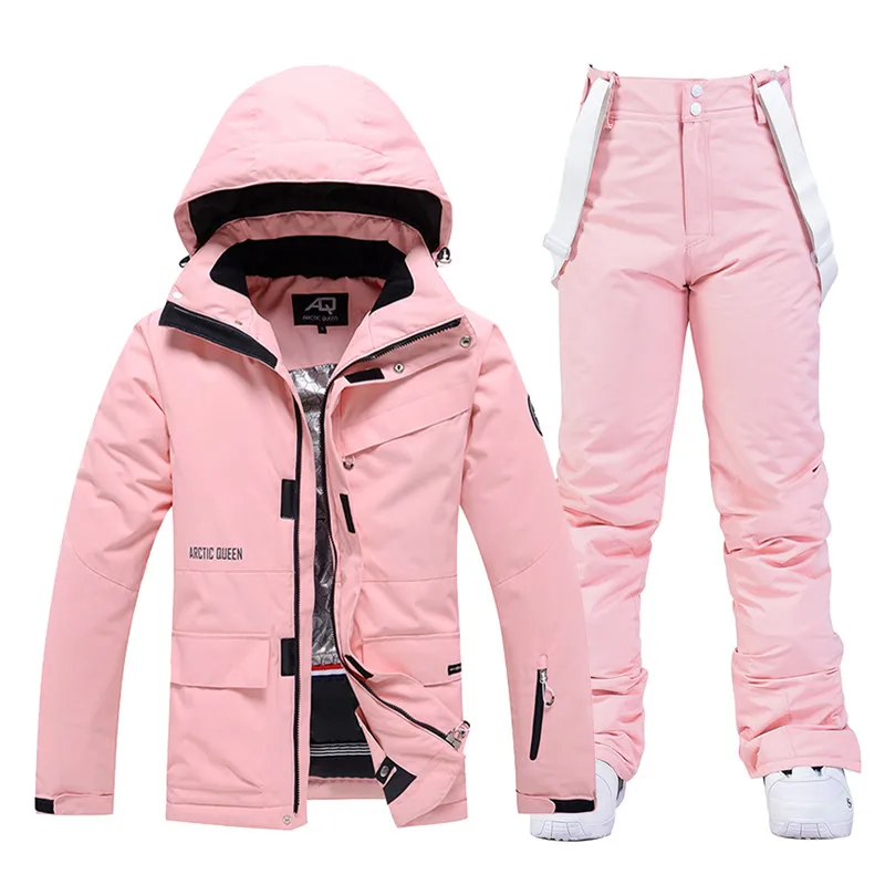 Russia Women's Ski Suit -30 Warm Winter SnowSuit Snowboarding Clothing  Waterproof Windproof Skiing Jackets Strap Pants Sets