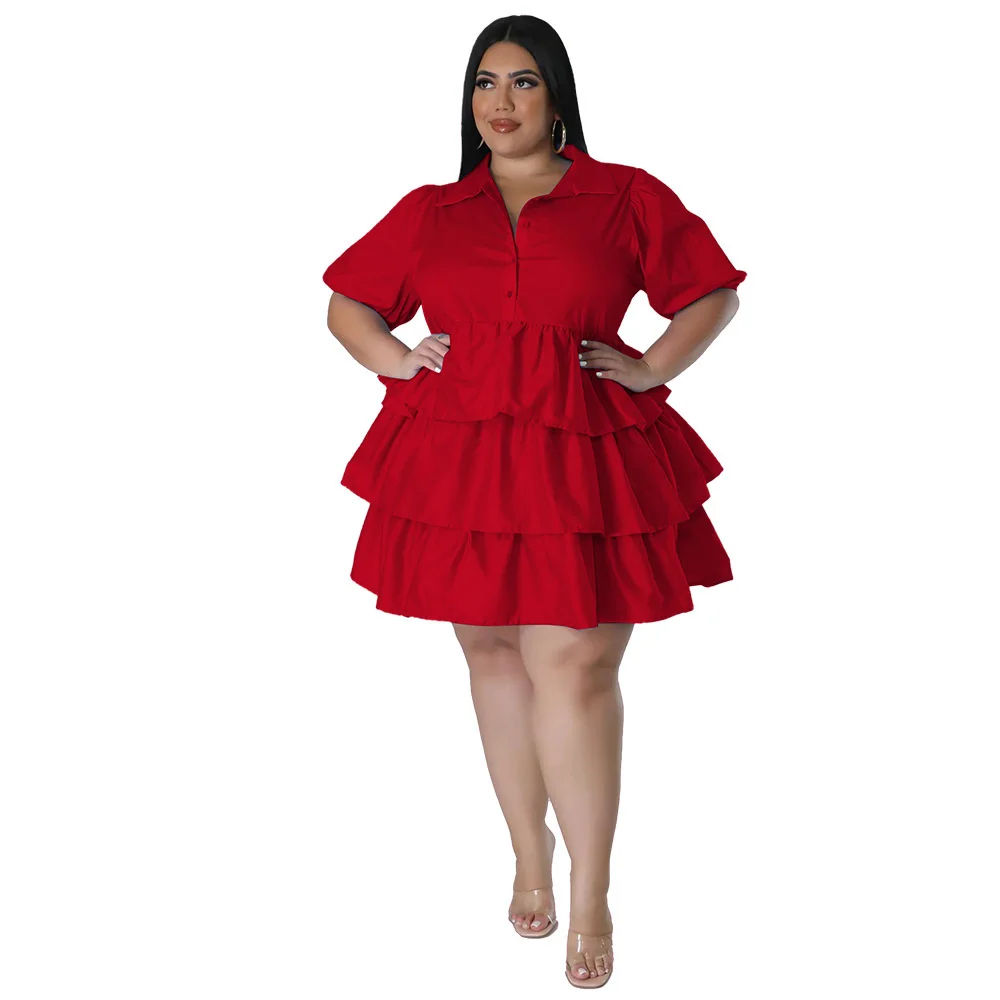 Plus Size Summer Women Casual Cake Dress Short Sleeves Turn Down Neck Ruffles Fashion Party Dress Loose Style 3xl 4xl 5xl 6xl