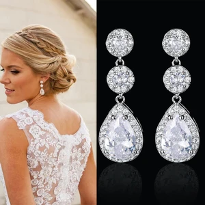 Imported Luxury Zircon Wedding Long Dangle Earrings with Round Water Drop Elegant CZ Earrings for Women Brida