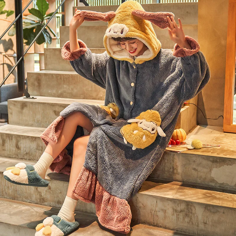 Winter Pajamas Coral Fleece Plus Size Nightdress Loose Version Medium Style Women Sleepwear Flannel Inspissate Nightgown LONG