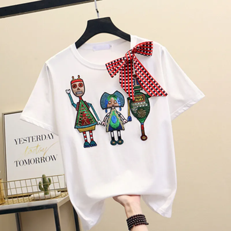 

Women Luxurious Embroidery Sequins Cartoon T Shirt Lady O-Neck Short Sleeve Bow Tee Shirt Cotton Casual Tshirt Summer Female Top