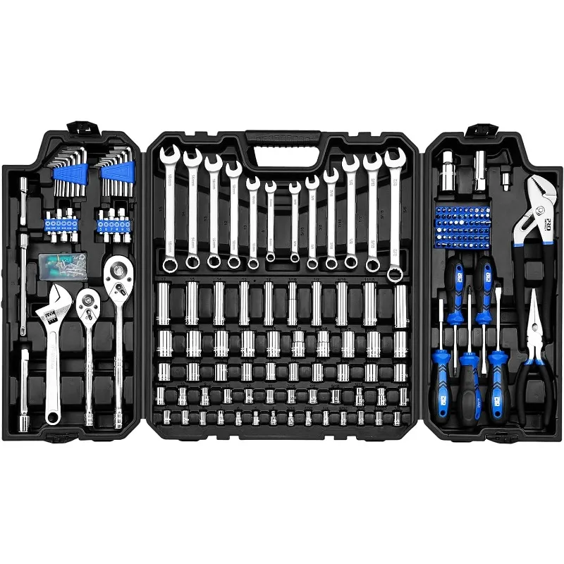

General Assorted SAE/Metric Sockets and Wrenches Automotive Repair Tool Kit with Plastic Storage Toolbox