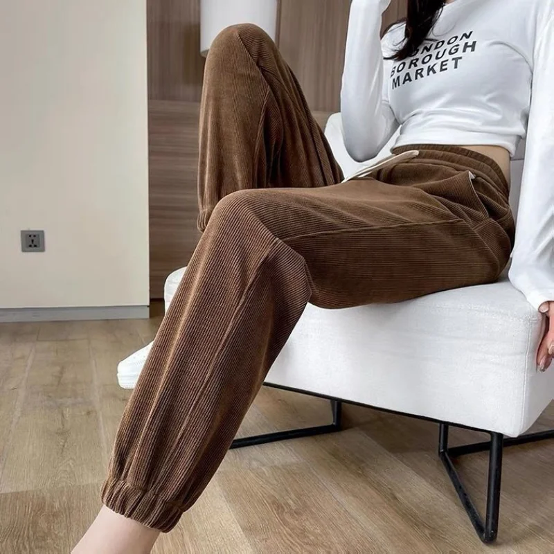 Autumn Winter Slim Sports Casual Style Fleece-Lined Thick Loose Harem Pants Women Spring New Corduroy Ankle Banded Pants Women