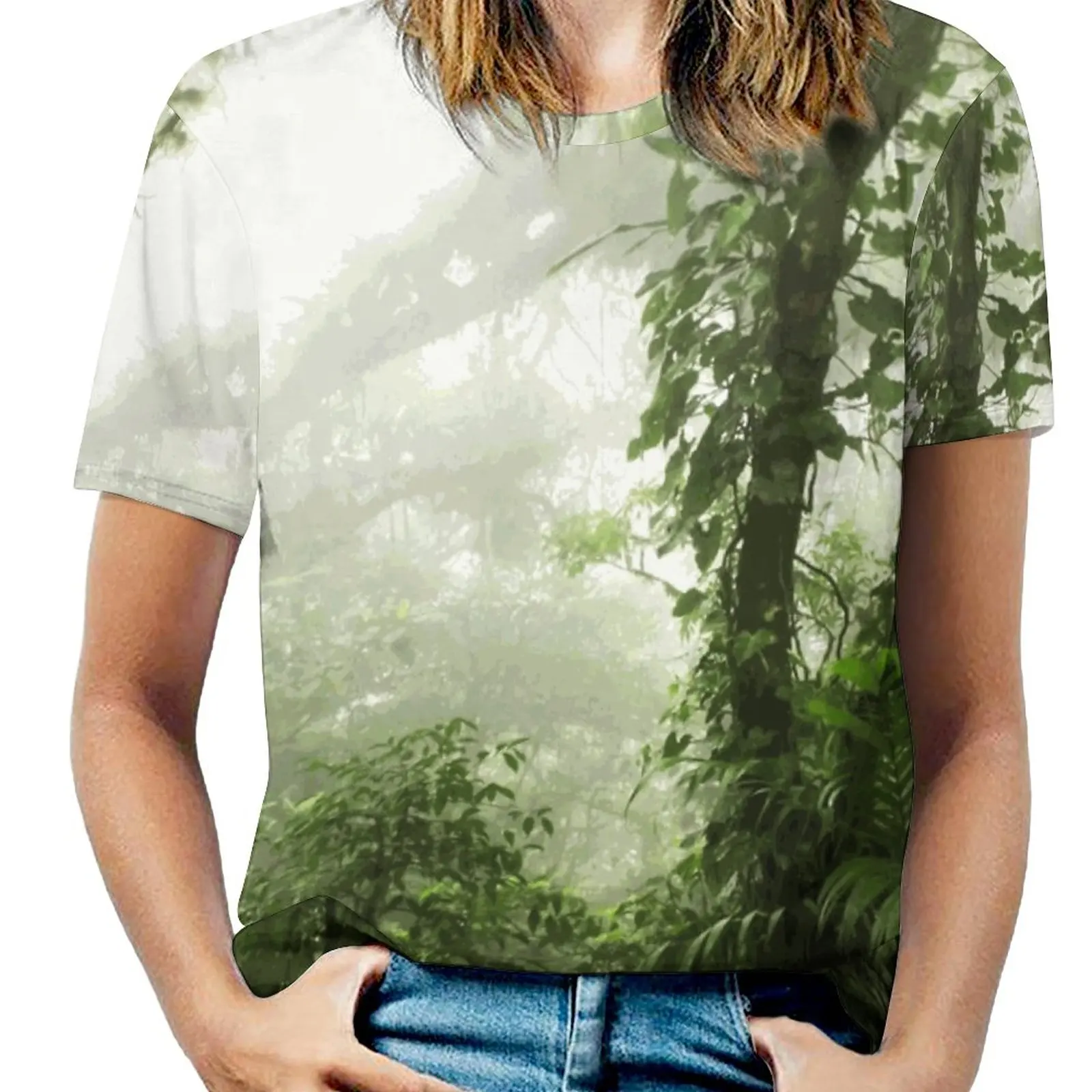 

Женская футболка с принтом облаков и леса, повседневный топ с круглым вырезом и коротким рукавом, туманная футболка для лета