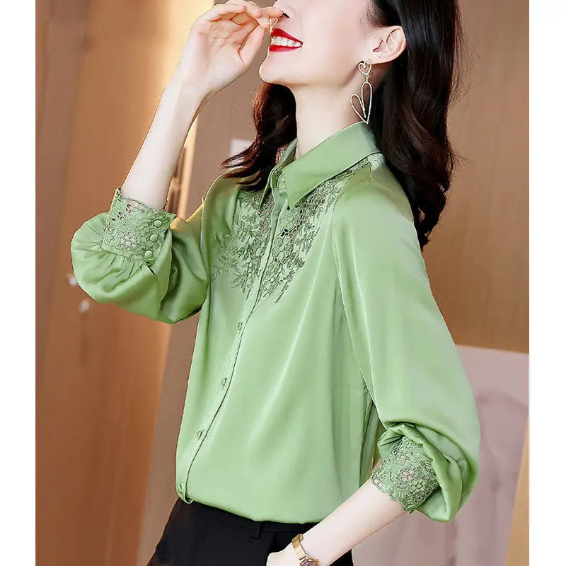 

Embroidery heavy imitation silk shirt women's long-sleeved big brand 2021 spring new fashion satin imitation silk blouse