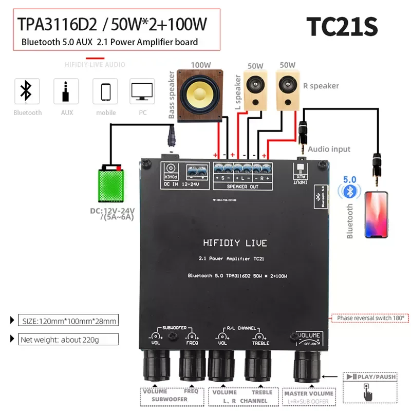 

TPA3116D2 Bluetooth 5.0 2.1 Channel Power Audio Stereo Subwoofer Amplifier Board 50WX2+100W TREBLE Bass note tuning AMP A100H