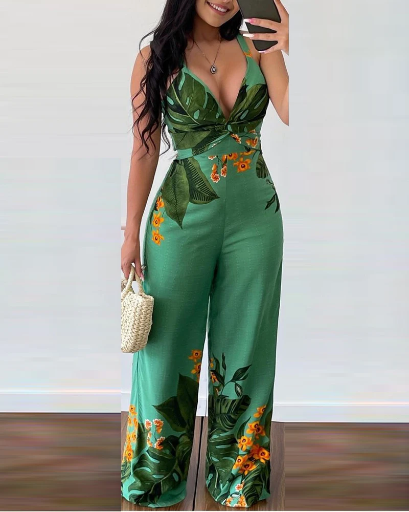 

Chicme Summer Tropical Print Plunging Neck Twist Design Jumpsuit 2022 Fashion Plunge Thick Strap Wide Leg Outfits Casual Elegant