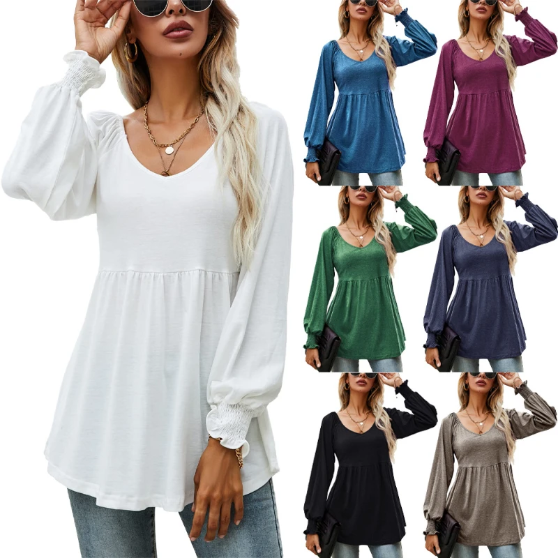 

New V-neck Bubble Long-sleeved Top T-shirt Female Autumn Winter Frill Crewneck Blouse Solid Color Ladies Casual Loose Pullover