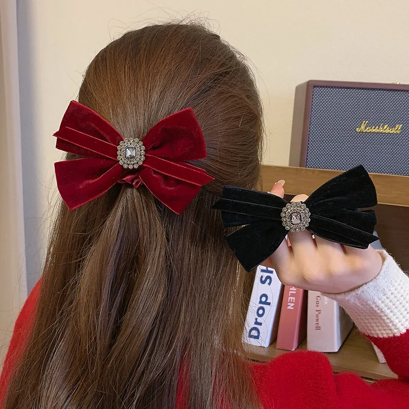 

Fashion Velvet Bow Rhinestone Hair Band Ladies Elastic Ponytail Braid Hair Band Solid Color Rubber Band Hair Accessories